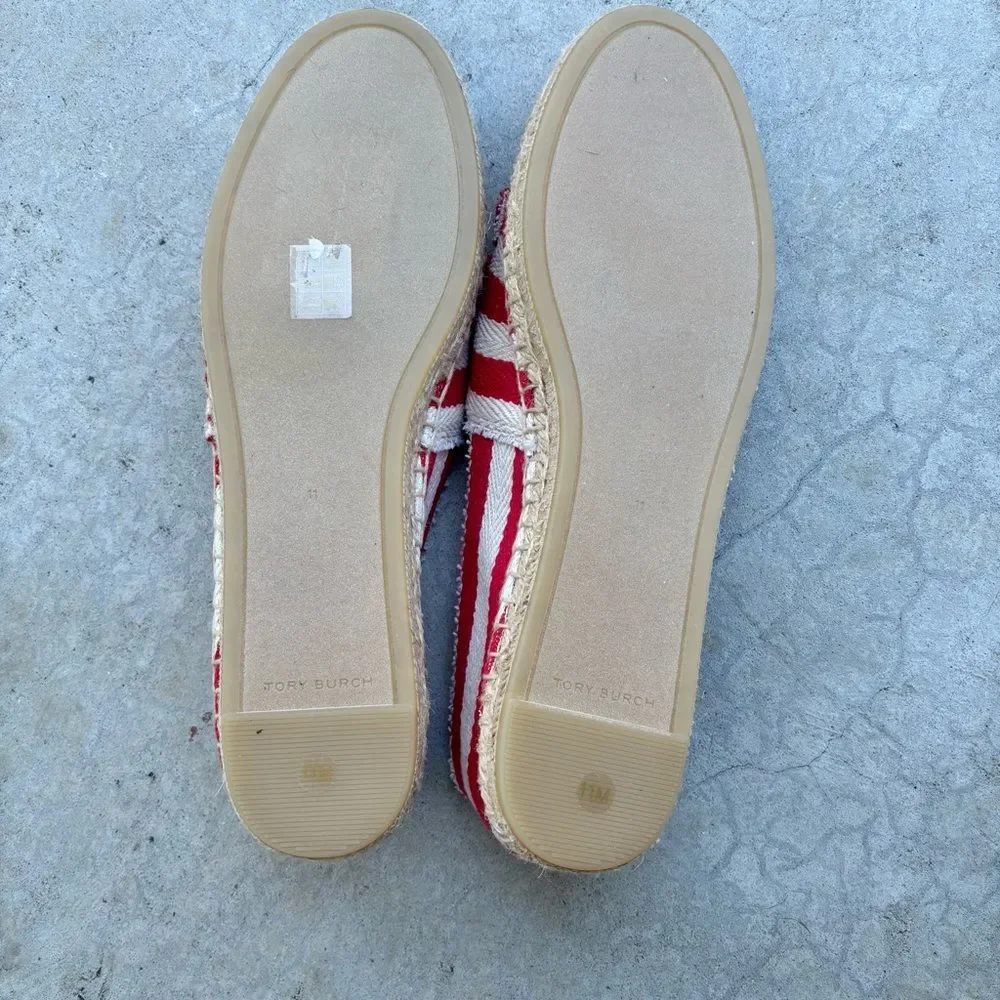 Tory Burch Espadrilles Flats Shoes Fray Stripe Red White NWOB 11